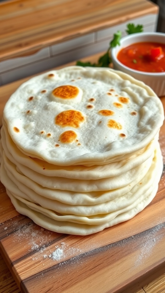 A stack of warm homemade flour tortillas on a cutting board with salsa and cilantro.